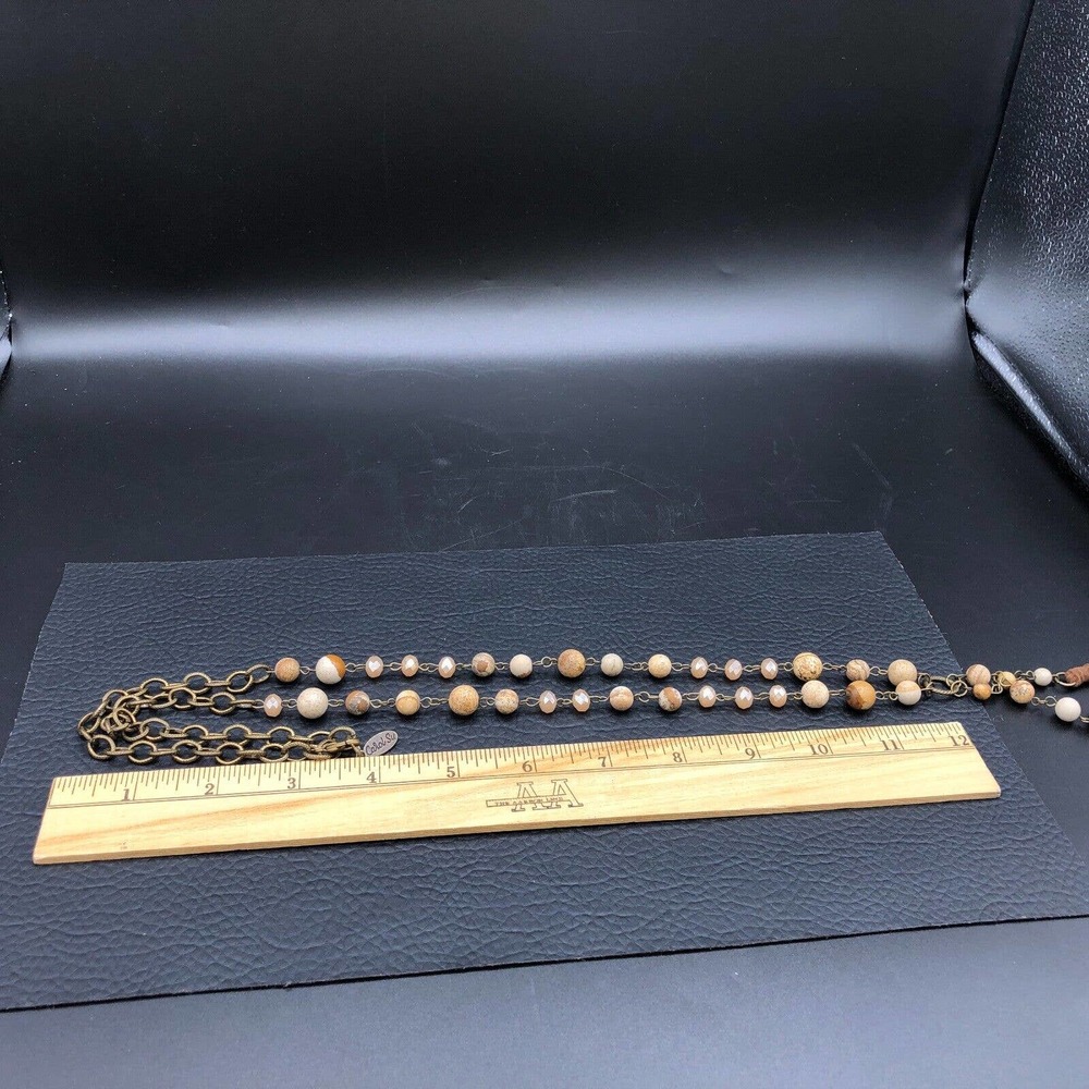 Carol Su 32" Lariat Necklace Jasper Stone Beads Earth Tone Faux Suede 7" Tassel - Picture 14 of 15